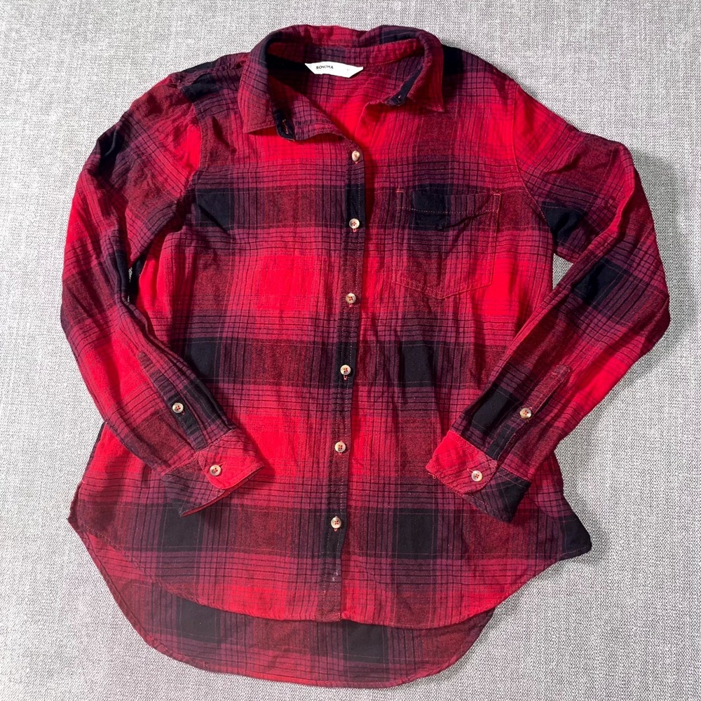 Sonoma Goods for Life Shirt Womens Medium Red Hi Low Hem Flannel Plaid Button Up